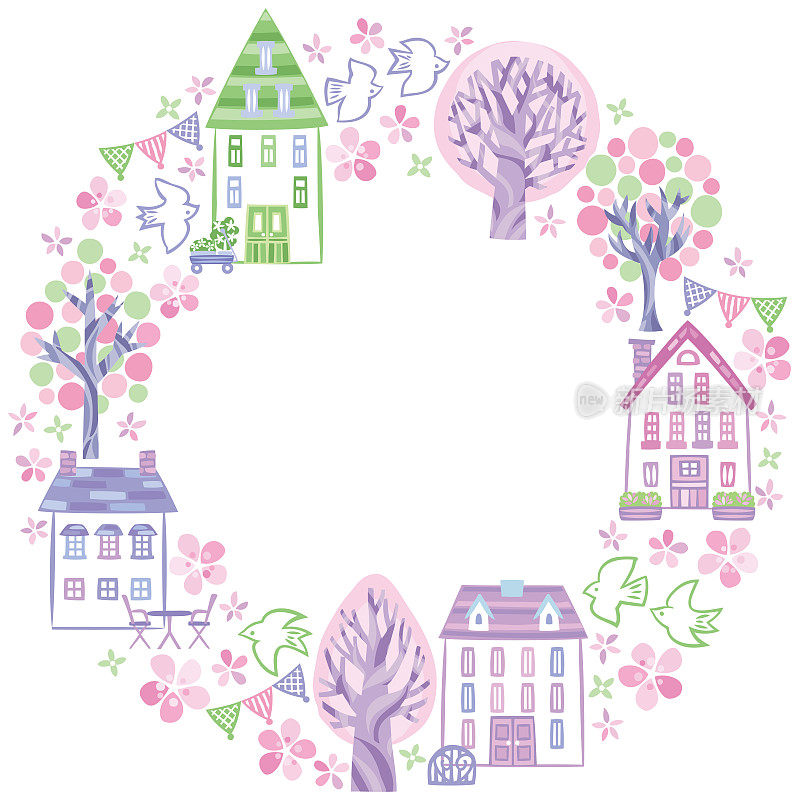 Spring cherry blossoms cityscape, house round frame②